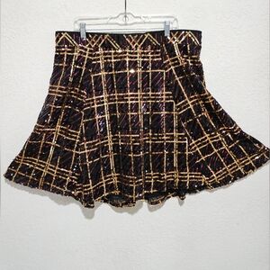 Torrid Black, Gold and Red Plaid Sequin Skirt